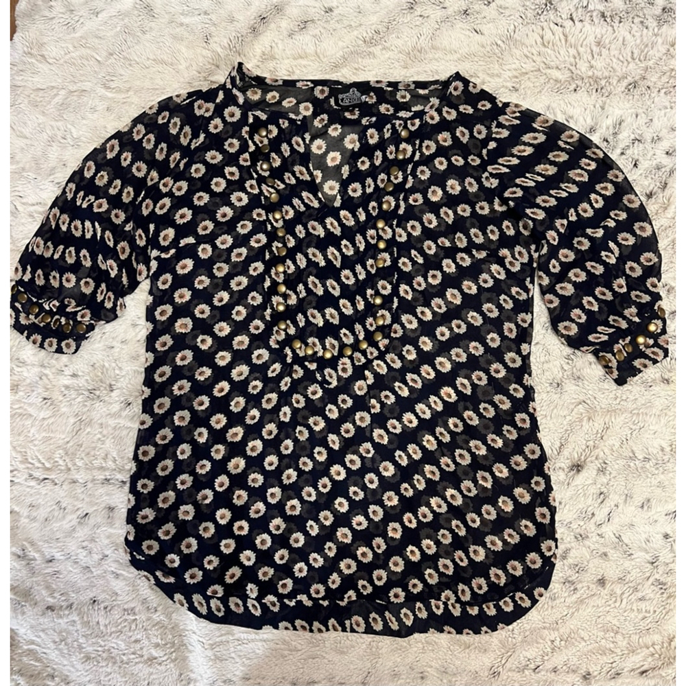 Angie Floral Print Blouse Top, Womens Size Medium, Navy Blue and White EUC